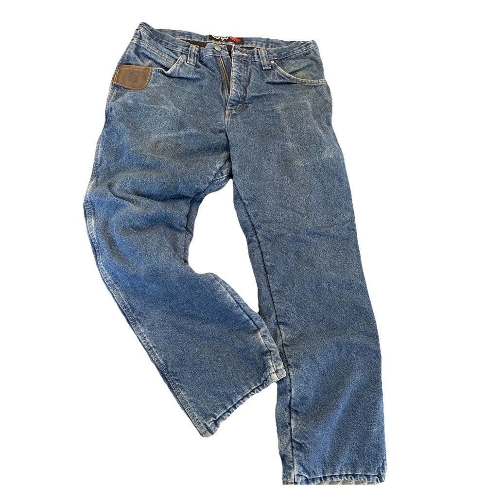 WRANGLER RIGGS WORK WEAR DURA SHIELD DENIM FLANNEL LINED BLUE JEANS 34x30